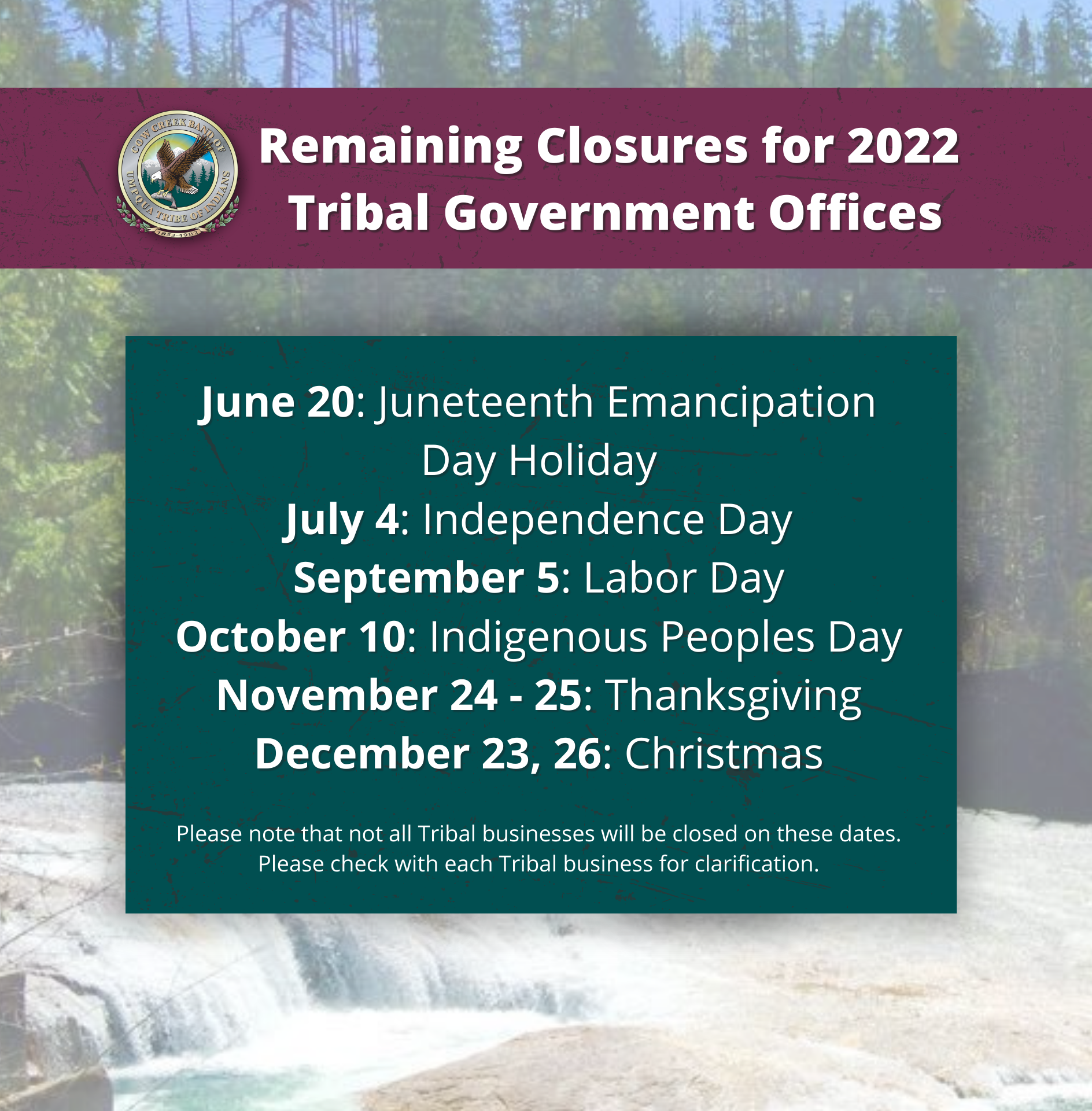 Tribal Offices, Tribal Departments & Tribal Enterprises Closure