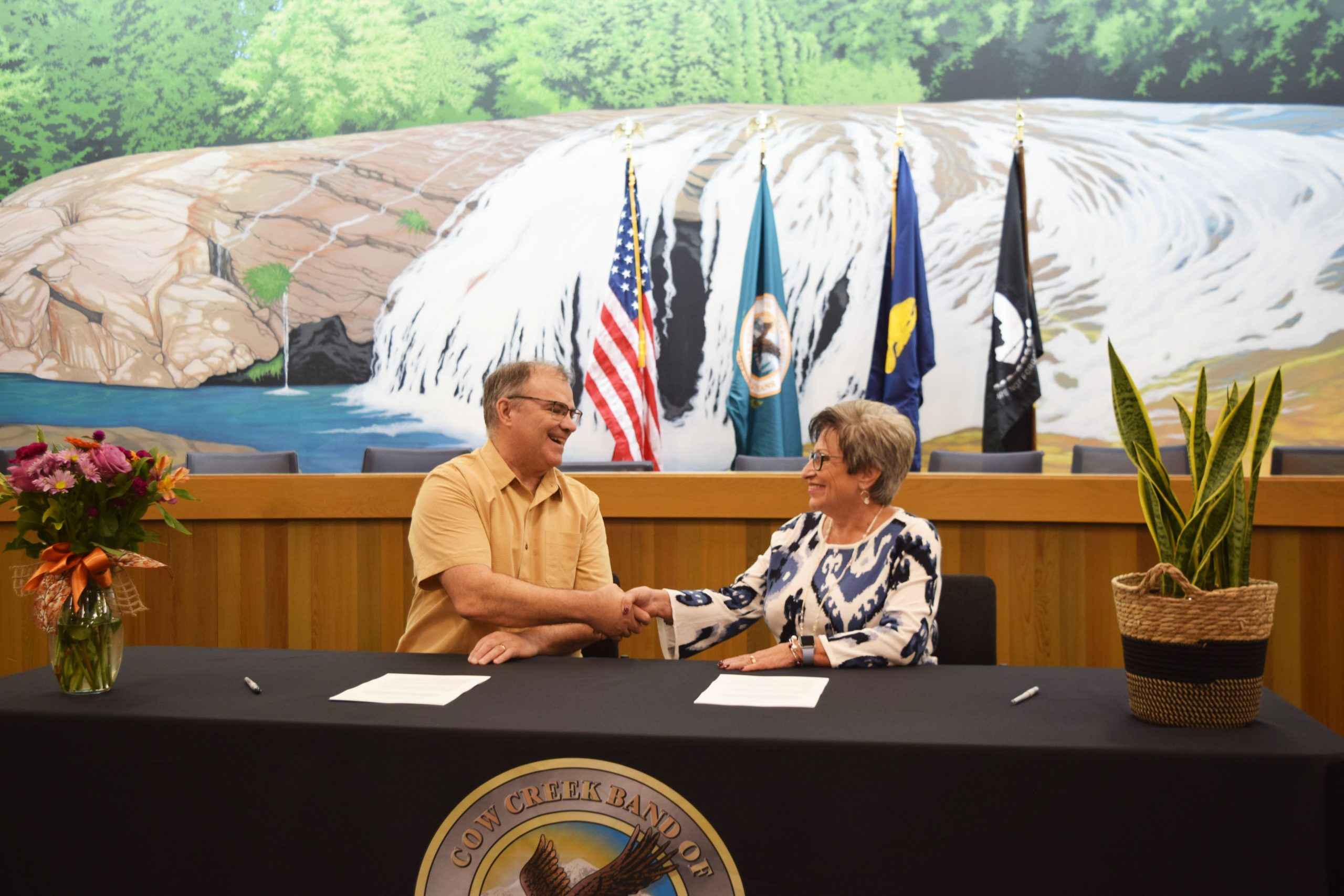 Acting Forest Supervisor Jake Winn of the Rogue River-Siskiyou National Forest and Cow Creek Band of Umpqua Tribe of Indians Chairman Carla Keene, October 18, 2023.